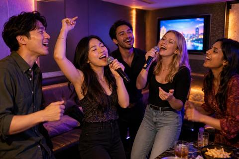 A group of friends singing and dancing in a purple-lit private karaoke room